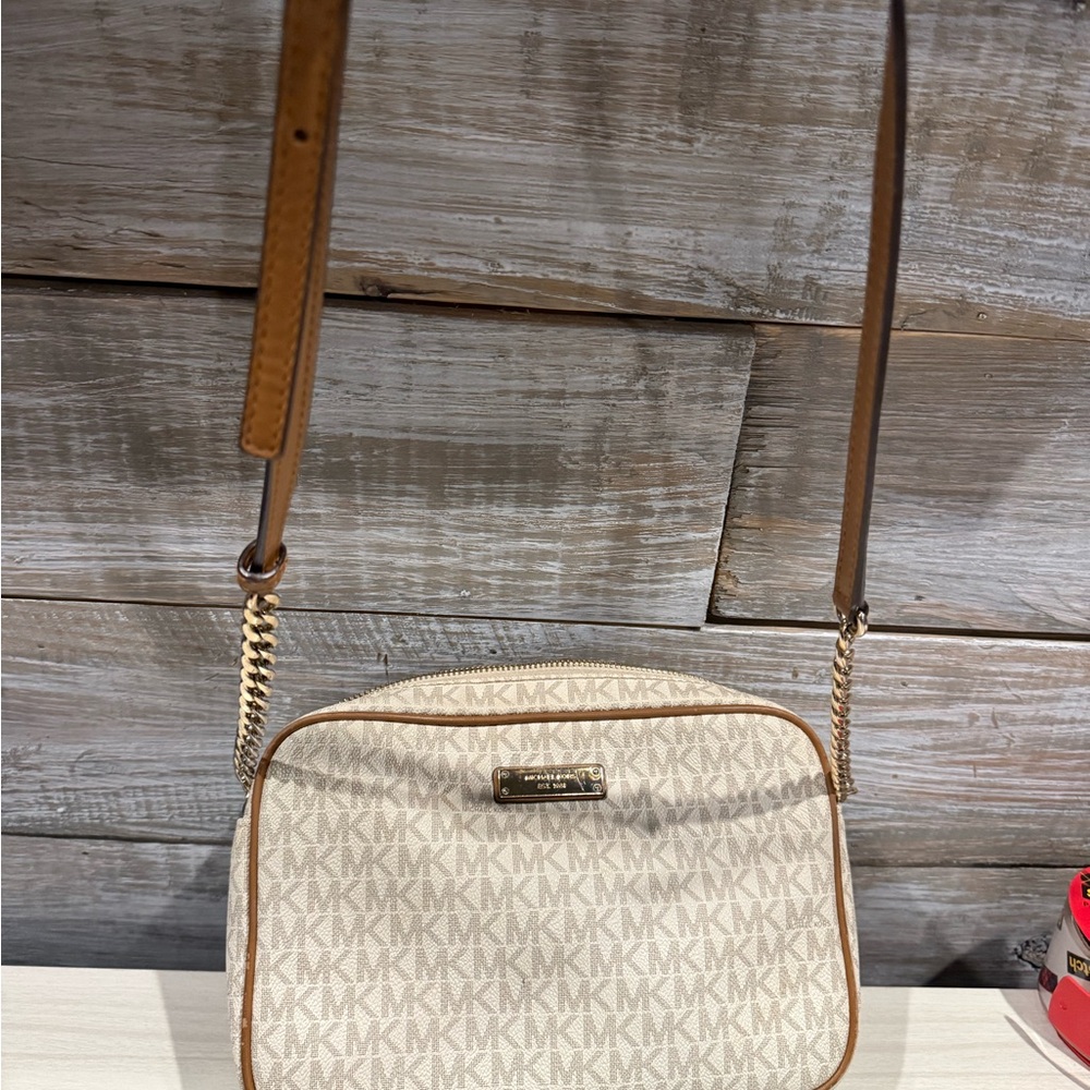 Michael Kors Beige Logo Crossbody with Brown Trim and Gold Hardware - Picture 4 of 8